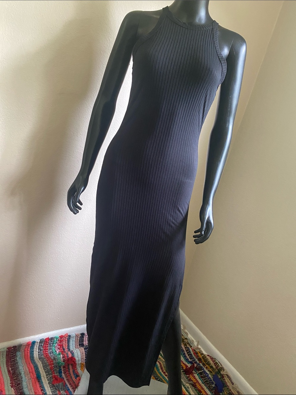 Pink Rose Black Sleeveless Ribbed Maxi Dress